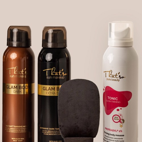 That'so Glam Body Self Tan Mousse Beauty Box (3 Προϊόντα) Ολοκληρωμένη Εμπειρία Περιποίησης και Λάμψης  Glam Body Extra Dark Self Tan Mousse 150ml & That'so Tanning Mitt Double Use Γάντι Διπλής Όψης για Self tan Περιποίηση και Απαλή Απολέπιση 1pc & Tonic Glow Firming Mousse 200ml